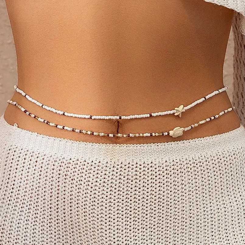 KunJoe 2Pcs Bohemian Turtle Sea Star Waist Chain Set for Women Summer Bikini Small Seed Beads Belly Chain Beach Body JewelryT250513