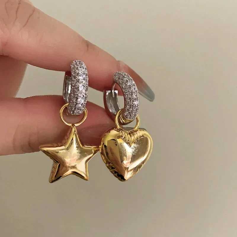New Vintage Asymmetric Zircon Heart Star Hoop Earrings for Women Luxury Micro Inlaid Crystal Gold Silver Color Earrings Jewelry Y250510