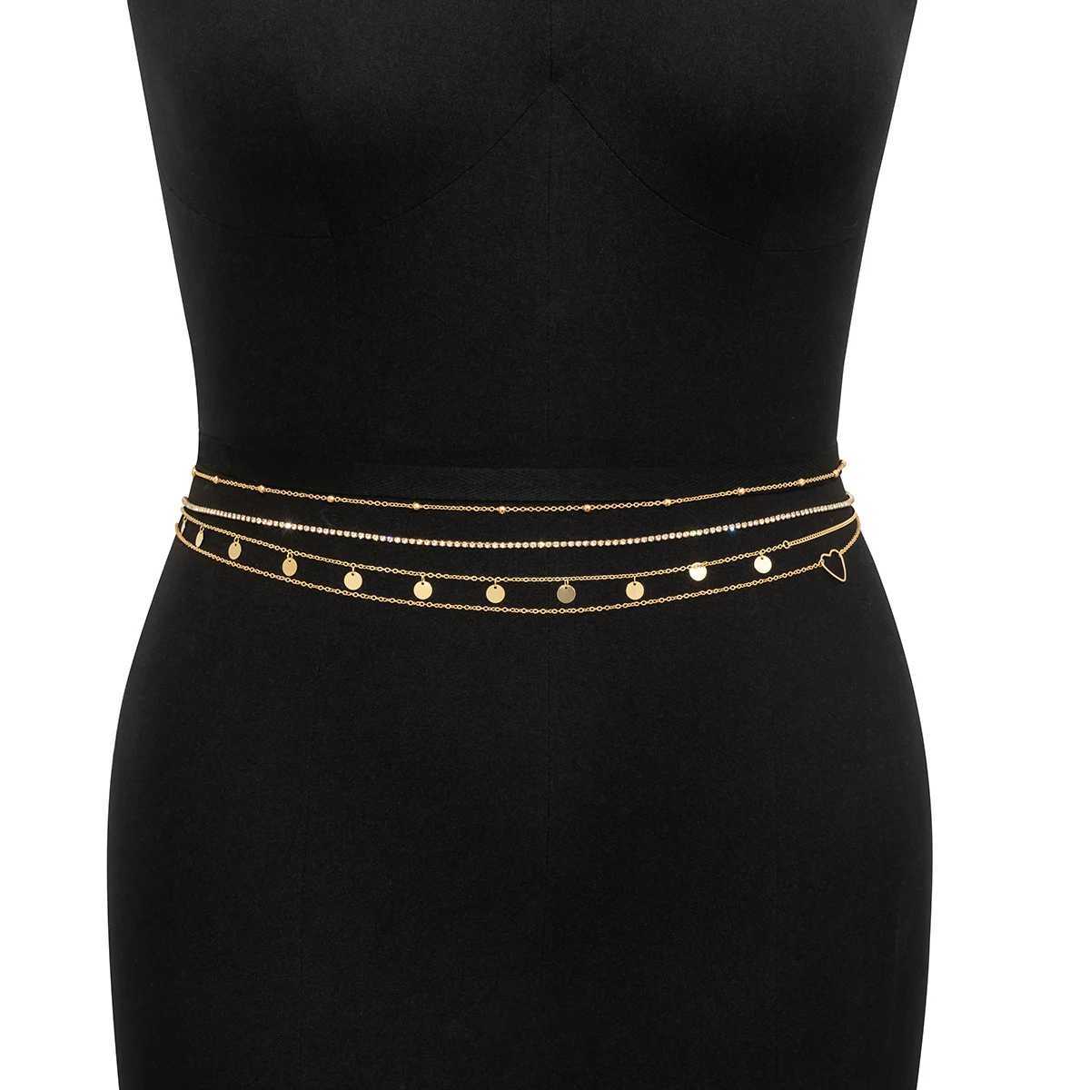 4pcs/Set Punk Aesthetic Thin Belly Chain for Waist Geometric Heart Sequins Sexy Body Jewelry Tennis Chain Rhinestone AccessoriesT250513