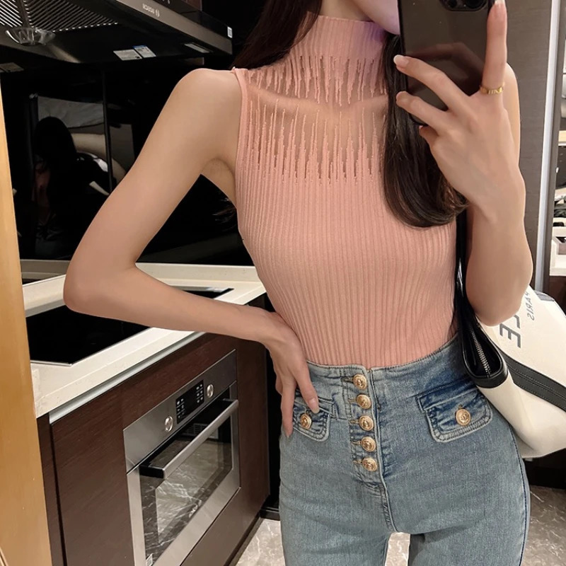 Half Neck Vest Female Sleeveless Sweater Chic Cut Out Streetwear Solid Skinny Tube Top Mesh Knitted Women Y2K Tank 250513