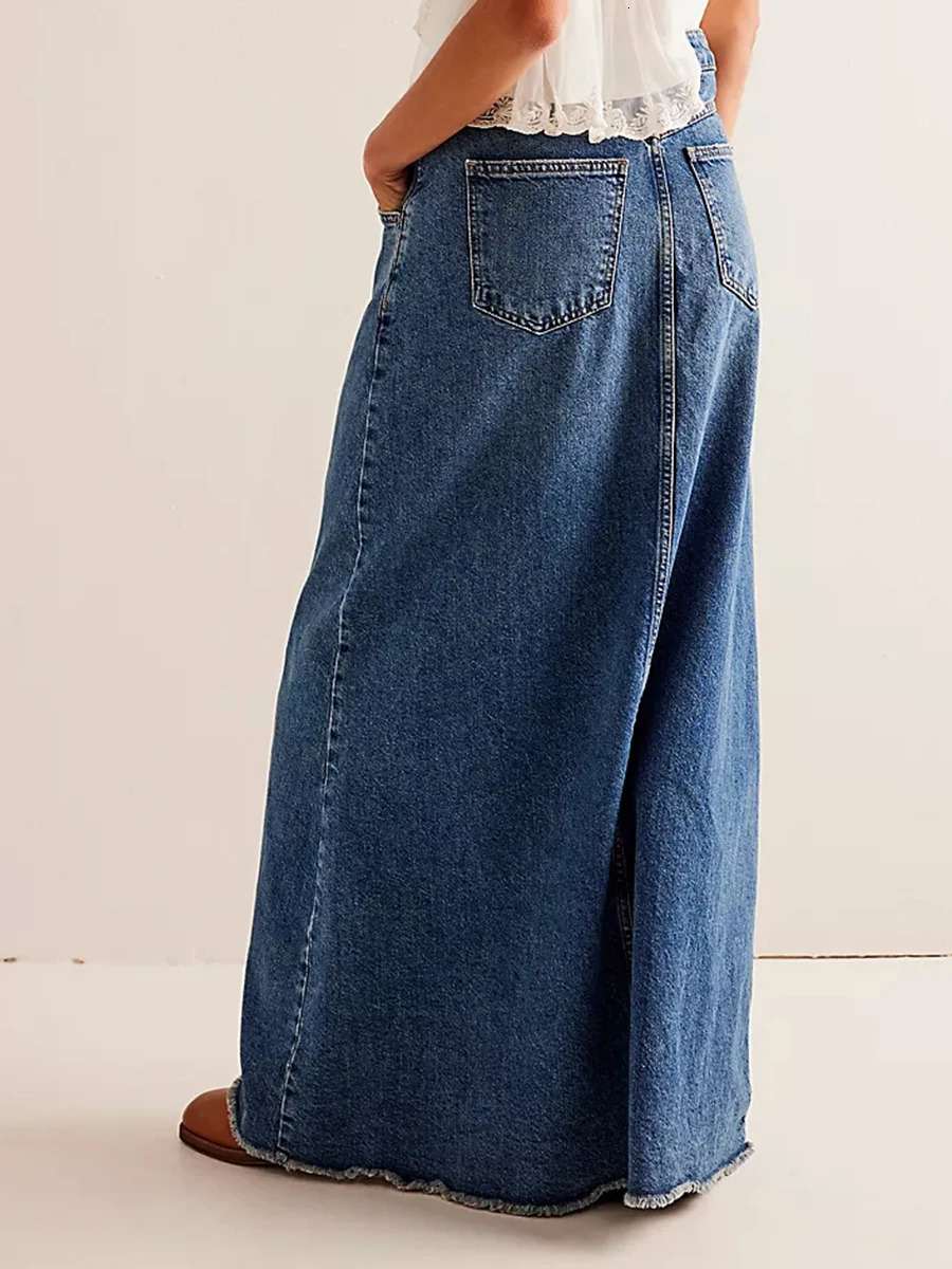 Women Y2K Vintage Denim Maxi Skirt High Waist ALine Frayed Hem Loose Long Jean OOTD Streetwear 250513