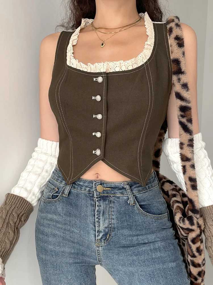 HEYounGIRL Women Camis Tops 90s vintage clothing Sleeveless Sheer Lace Backless Y2K Vest Tees Brown Tank Tops Harajuku Fashion M250513