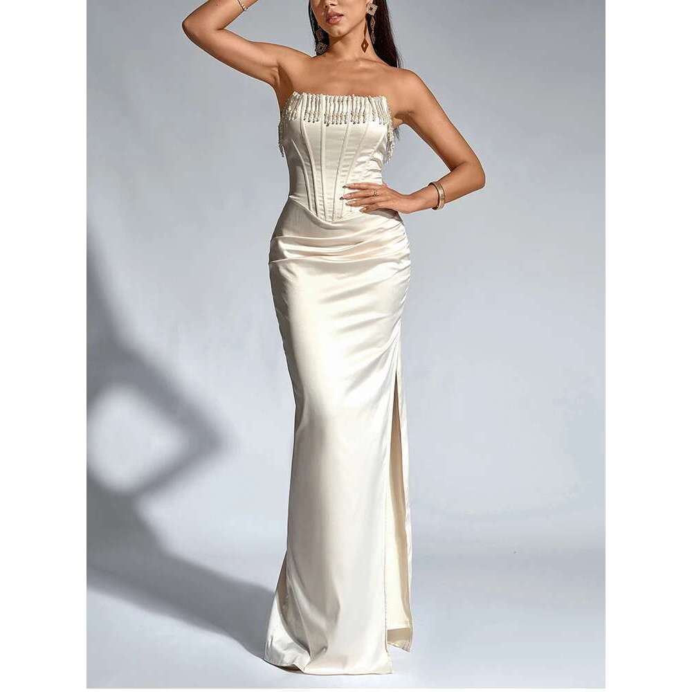 NewAsia Women's Strapless Beaded Long Corset Dress Off Shoulder Fishboned Side Slit Elegant Party Club Maxi Dresses Beige