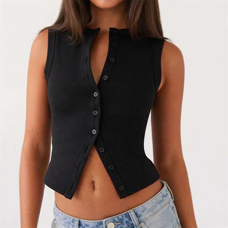 Vintage Ribbed Women Button Tank Tops Casual Summer Solid Color Sleeveless Crop Tops Basic Vest Y2K Aesthetic Clothes Streetwear M250513
