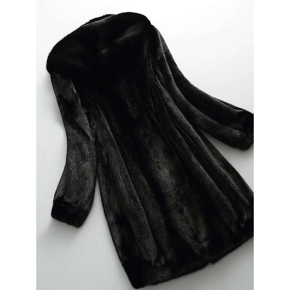 Lautaro Winter Black Faux Mink Fur Coat Women with Hood Long Sleeve Elegant Thick Warm Fluffy Furry Jacket 6xl 7xl