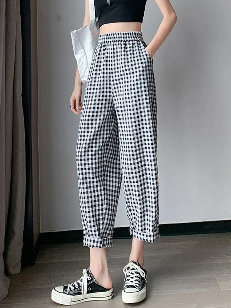 Casual Hip-hop Street Harlan Pants Summer Cotton Linen Loose Cropped Pants Women Wide Leg Red Black White Checkered Long Pants