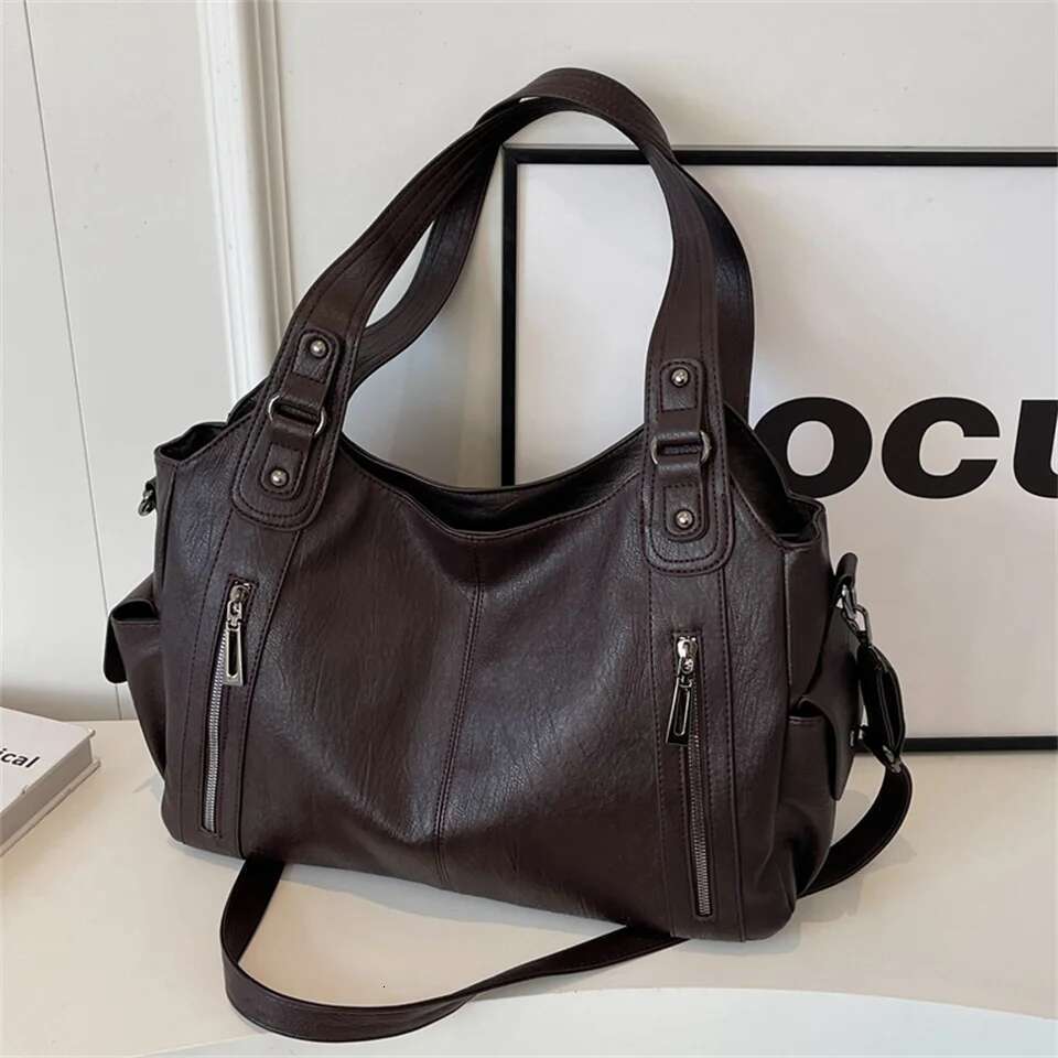 One Shoulder Bag New Solid Zipper Dual Main Pockets High Capacity Handbag For Women Sewing Thread PU Fashion Ladies Shoulder Bag KQ