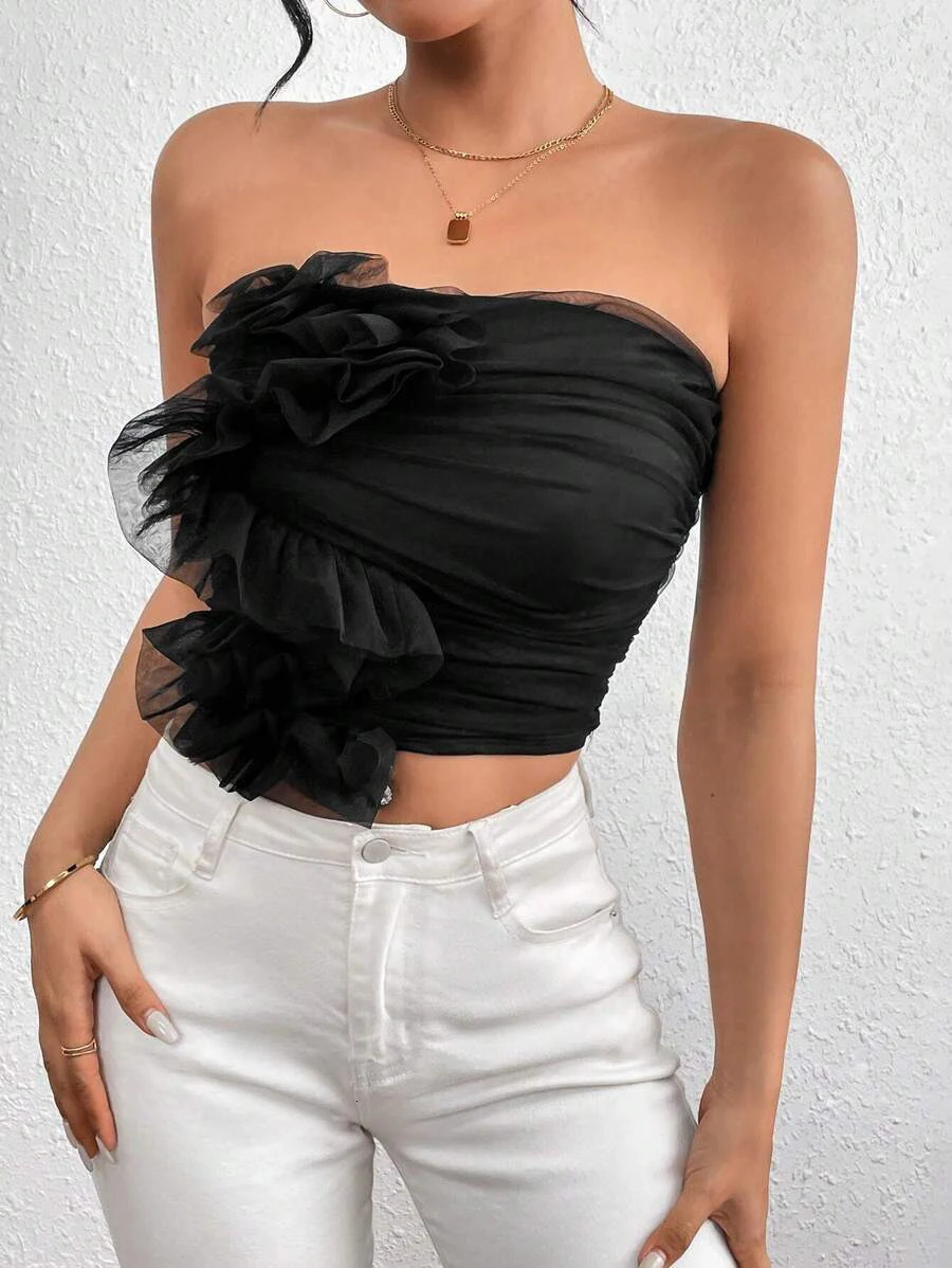 Womens summer style stylish sexy mesh pleated strapless backless top 250513