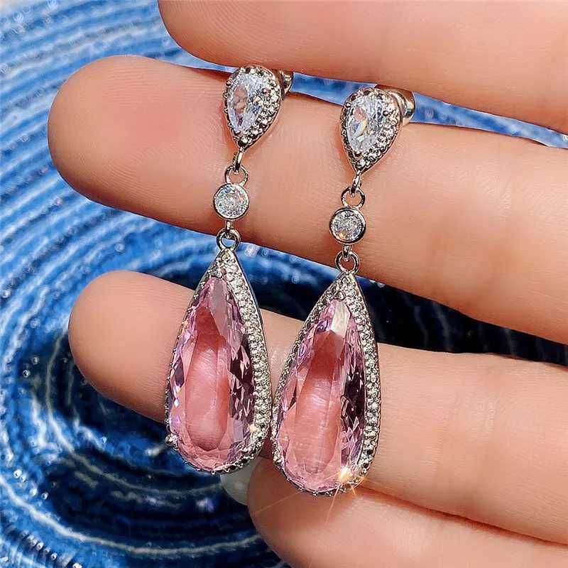 Huitan Luxury Big Water Drop Pink CZ Dangle Earrings for Women Novel Design Engagement Wedding Accessories Party Fashion Jewelry Y250510