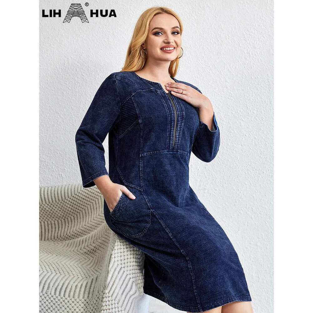 LIH HUA Women's Plus Size Denim Autumn Chic Elegant Dresses For Chubby Women Cotton Knitted Dress