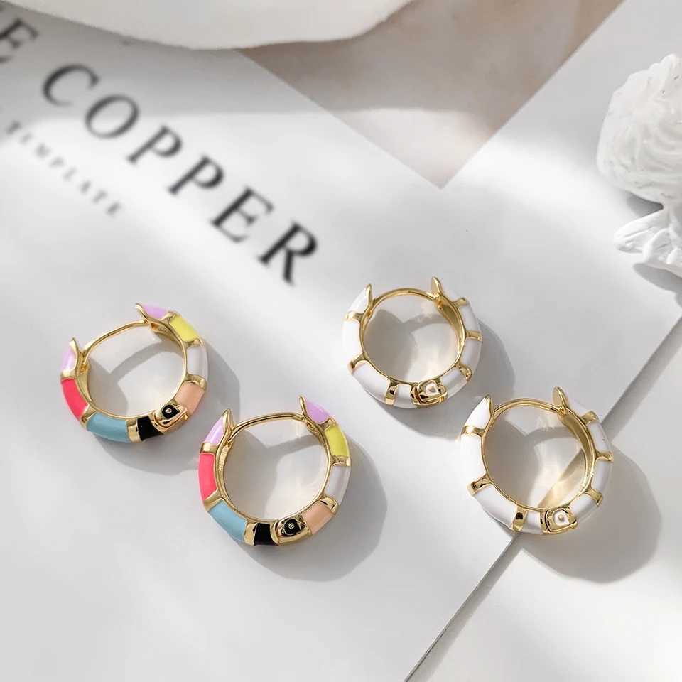 Cute Enamel Colorful Block Huggies Earrings for Women Rainbow Color Gold Plated Round Circle Ear Buckles Tiny Piercing Earrings Y250510