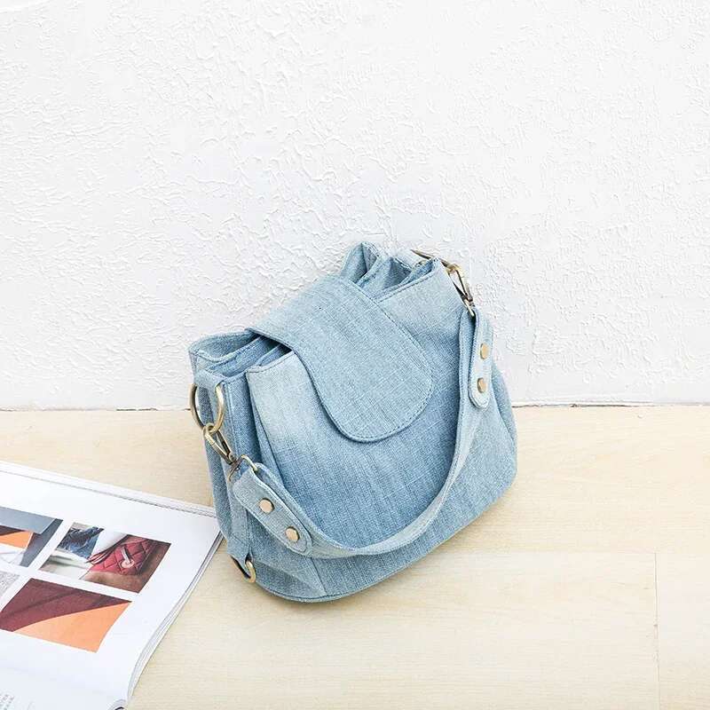 Casual Denim Women Bucket Shoulder Multiple Pockets Ladies Handbag Design Female Totes Blue Travel Crossbody Bag