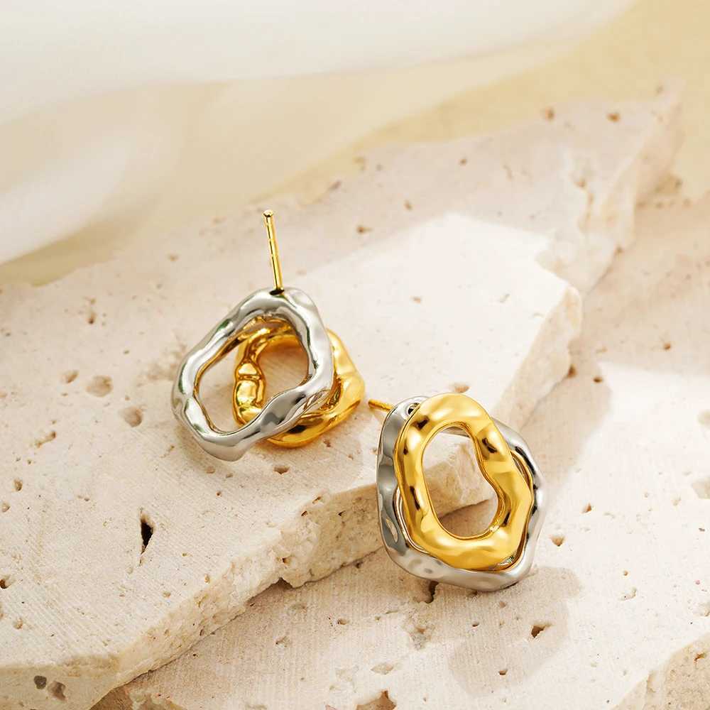 Geometric Stainless Steel Gold Sliver Color Bilayer Stud Earring for Women Irregular Metal Texture Fashion Jewelry Gift Y250510