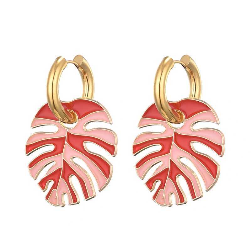 Hot Colorful Big Leaf Pendant Gold Color Stainless Steel Earrings For Women Jewelry Vintage Statement Enamel Round Hoop Earrings Y250510