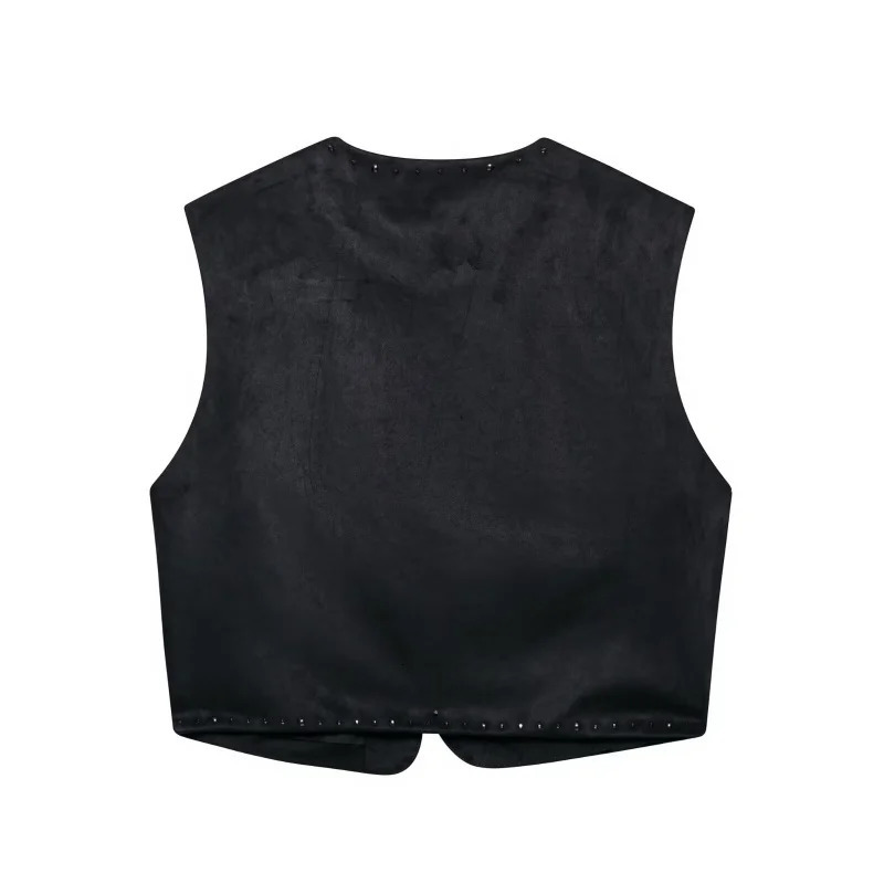 Women Fashion Black Shiny Beads Waistcoat Open Stitch Sleeveless Armholes Cropped Vest Coat High Street Female Tops 250506