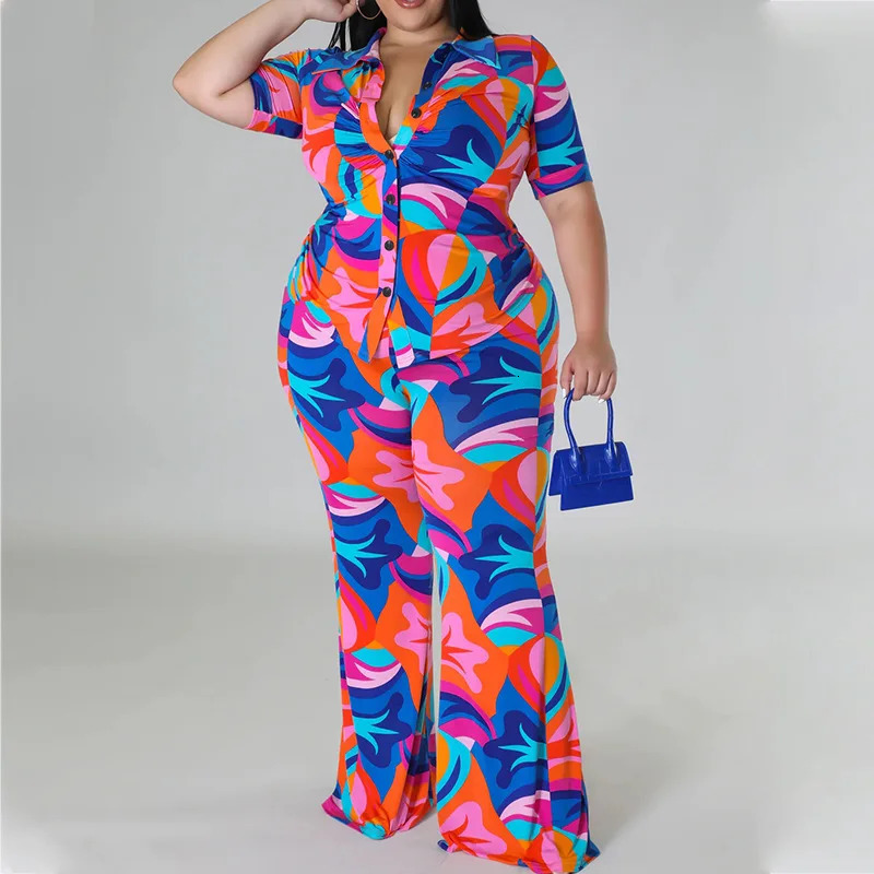 Perl Plus Size Printed Curve Two Piece Set Womens Holiday Single Chest TopPants Street Matching 250506