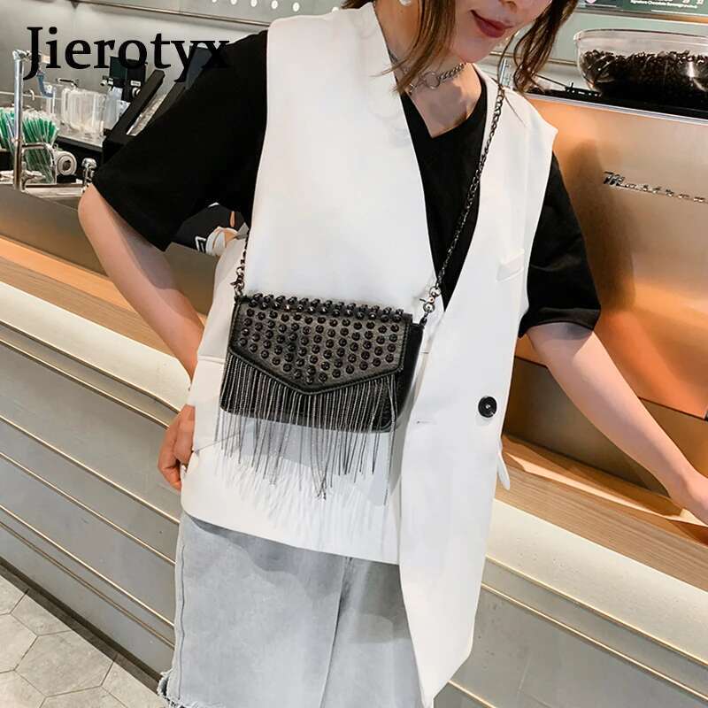 JIEROTYX Fashion Tassel Dias Brand Design Mini Chain Shoulder Bag Crossbody Black Leather Rivets Female Bolsa Sac A Main