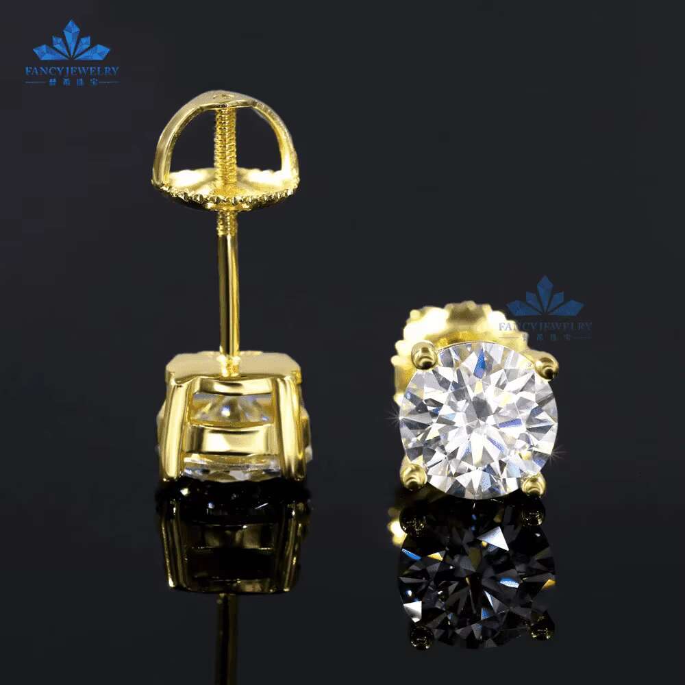 Factory Wholesale S925 Silver 18K Gold Plated Diamond Stud Earrings VVS Moissanite Screw Back GRA Hip Hop Style
