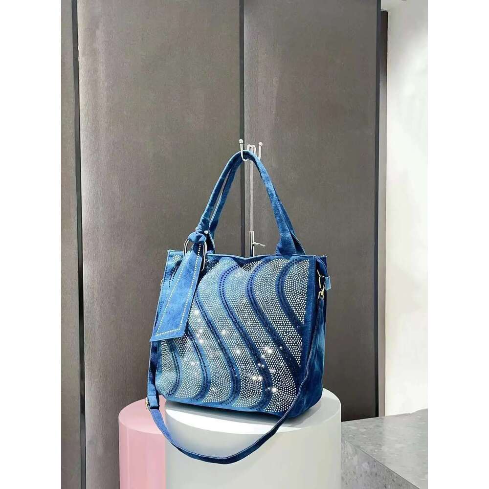 New Vintage Denim Jeans For Women Handbags Zipper Shine Rivets S Rhinestone Purse Woman Totes Female Shoulder Bag