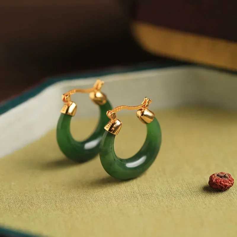Designer original natural Hetian jasper hoop earrings for women high-quality fresh ancient charm dinner party jewelry gift Y250510