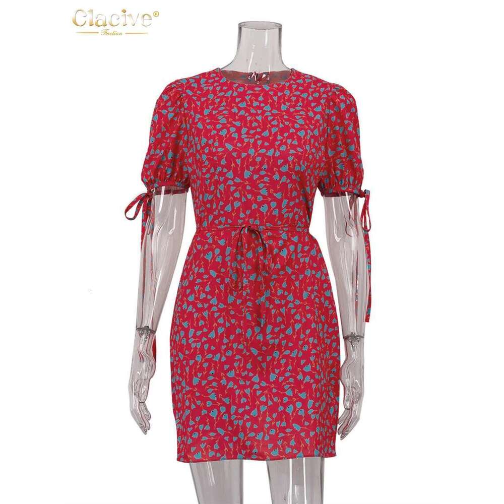 Clacive Summer Loose Print Women's Fashion O-Neck Short Sleeve Mini Dresses Elegant Classic Lace-Up Female Dress
