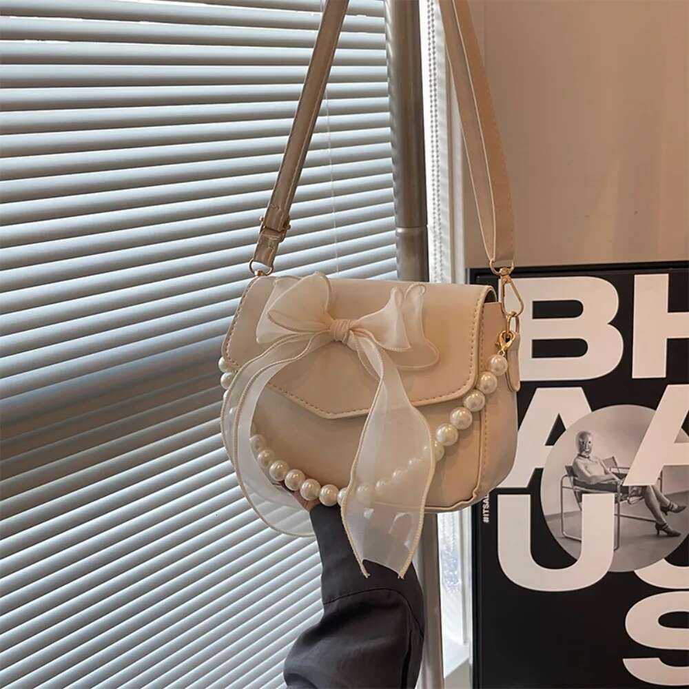 ddmy PU Solid Color Leather Pearl Chain Bow Knot Fashion Top-Handle Women Canvas Large Armpit Shoulder Bag