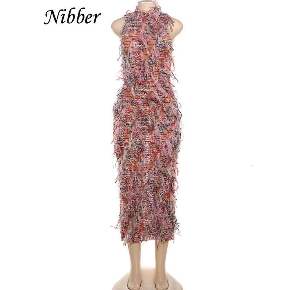 Nibber Colorful Tassel Dress Women Autumn Turtleneck Sleeveless High Waisted Elastic Trend Street Night Club Pretty Long Bodycon