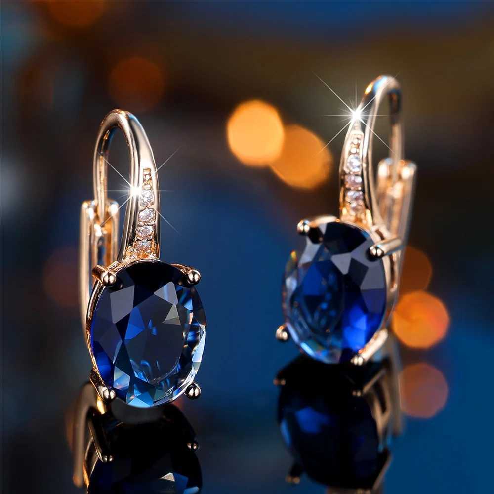 Trendy Crystal Blue Zircon Oval Stone Hoop Earrings For Women Vintage Gold Color Wedding Jewelry Y250510