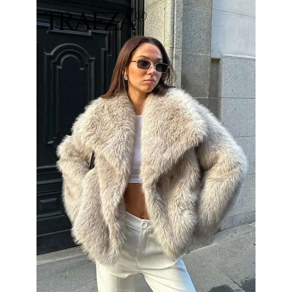 TRAFZA Women Fashion Faux Fur Jacket Vintage Turn-Down Collar Long Sleeve Coat Autumn Winter Woman Elegant Streetwear Designer Designer