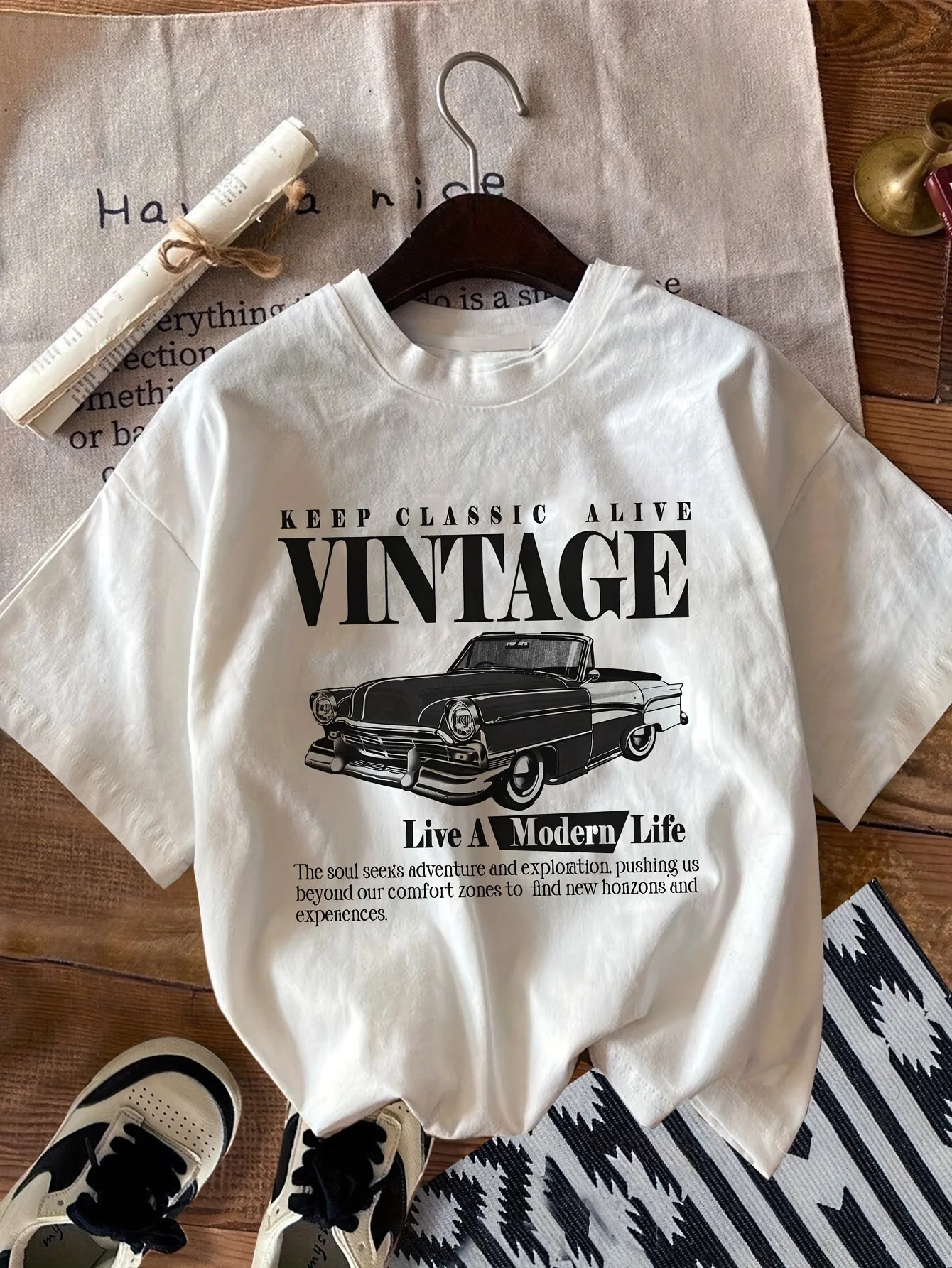 Vintage Car Print TShirt Medium Stretch Knit Fabric Casual Sports Style SpringSummer Top y2k top women clothing 250513