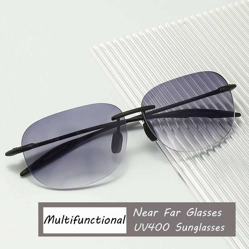 Fashion Ultralight Bifocal Glasses Trendy Anti-blue Near and Far Reading Glasses Sqaure Rimless UV400 Sunglasses for Men Women W250513