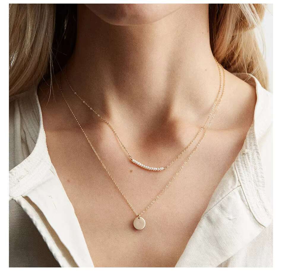 Bead jewelry new stainless steel simple pearl pendant necklace fashion 14k gold-plated women's chain