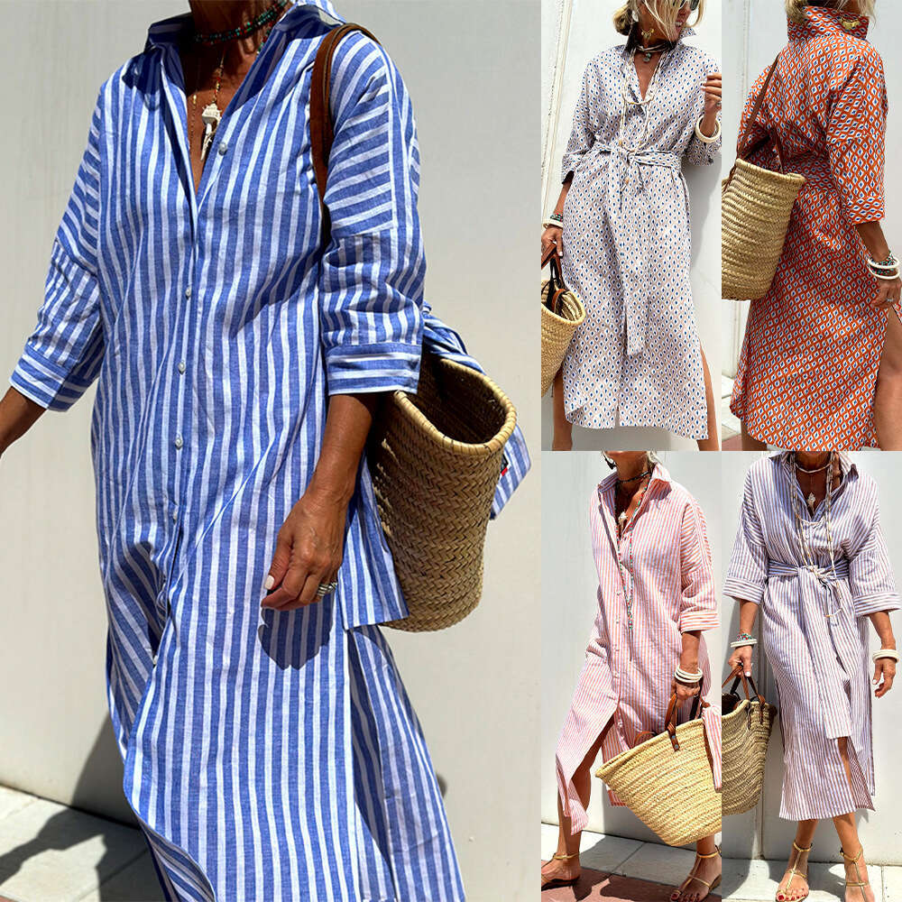 European American women's five quarter sleeve striped cardigan, lapel shirt dress 8061, 2025 new style, chic and elegant clothing