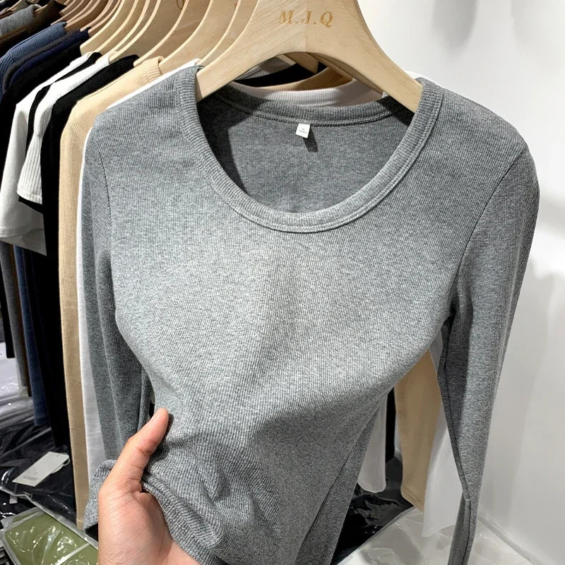 Spring Sexy Texture Pit Stripe Slim Knit Long Sleeve Womens Tshirt O Neck Tops Casual 250513