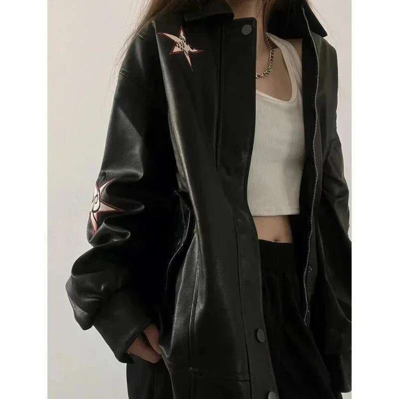Unisex Star Print PU Leather Retro Jacket Turn Down Collar Zipper Streetwear Outwear Embroidered Oversized Gothic Coat for Women