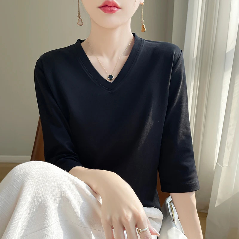 Spring Summer Mercerized Cotton Cropped Sleeve TShirt Womens Round Neck Loose 100% ShortSleeved Bottoming Shirt 250513