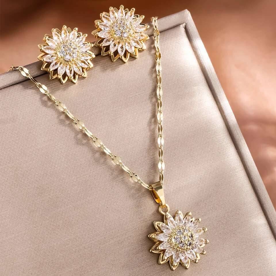 Trendy Rotation Spin Suower Stainless Steel Zircon Necklaces For Women Metal Crystal Necklace Party Birthday Gifts Jewelry