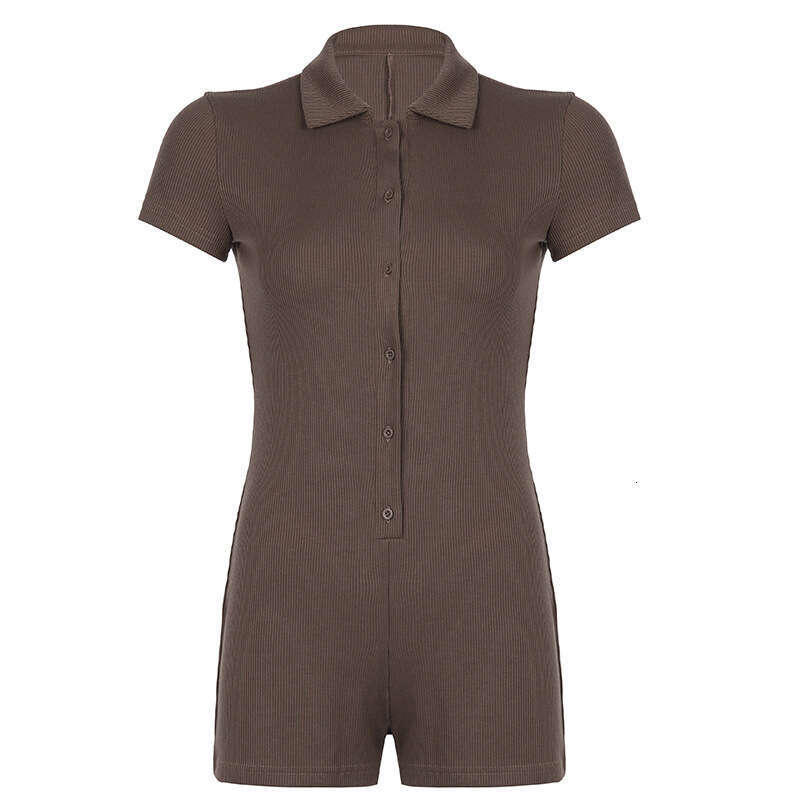 European And American Solid Color Lapel Breasted Ribbed Tight Casual Jumpsuit Basic Shorts B5