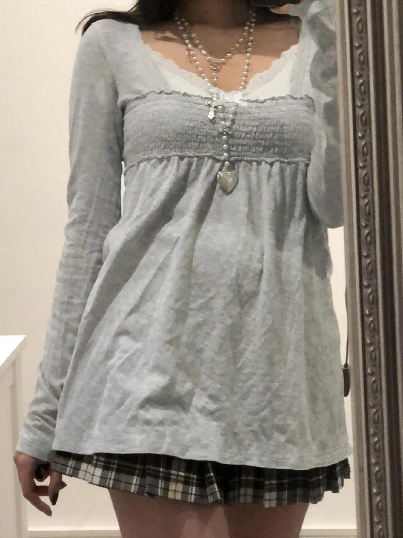 Cuteandpsycho Lace Patchwork Square Collar Sweet TShirts Y2K Aesthetic Fashion Long Sleeved Tops Vintage Harajuku Women Outfits 250513