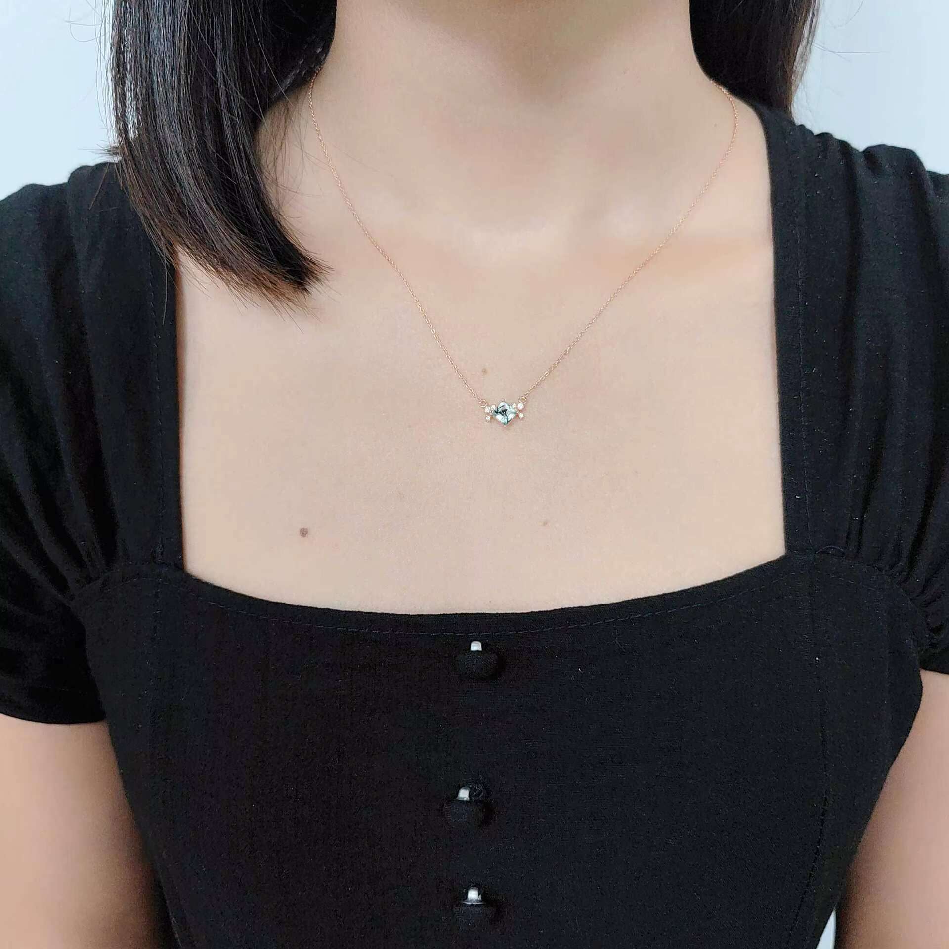 Unique Small Habitat Design Square Pendant Sier Plated Gold Natural Aquatic Grass Agate Necklace