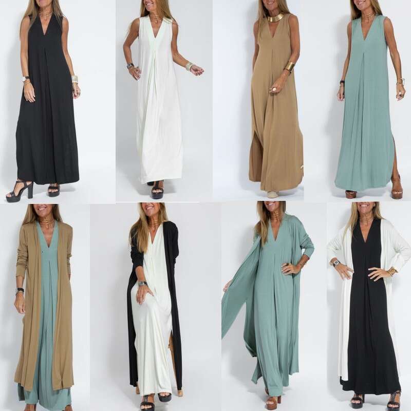 Women Clothes Dress New Solid Color Pullover V Neck Dress Cardigan Jacket Set For Women KQ