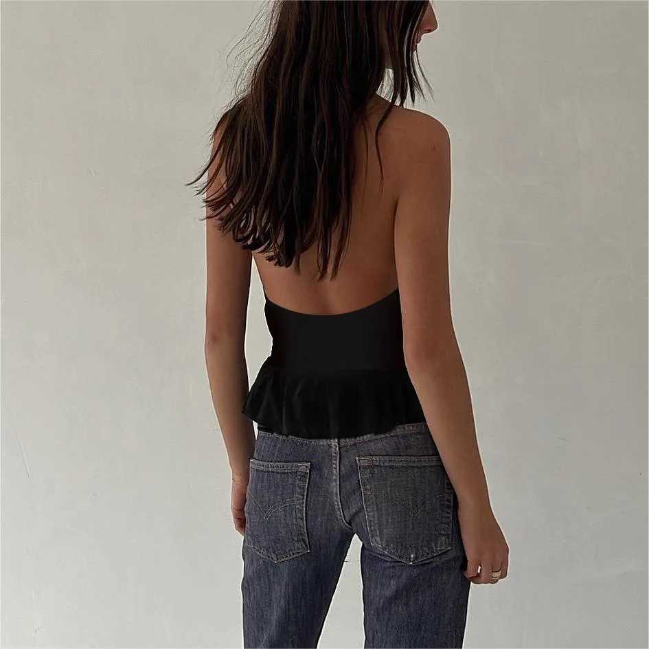 Womens Studded Halter Neck Tops Summer Deep V-Neck Backless Shirts Vest for Streetwear Aesthetic Grunge Clothes M250513