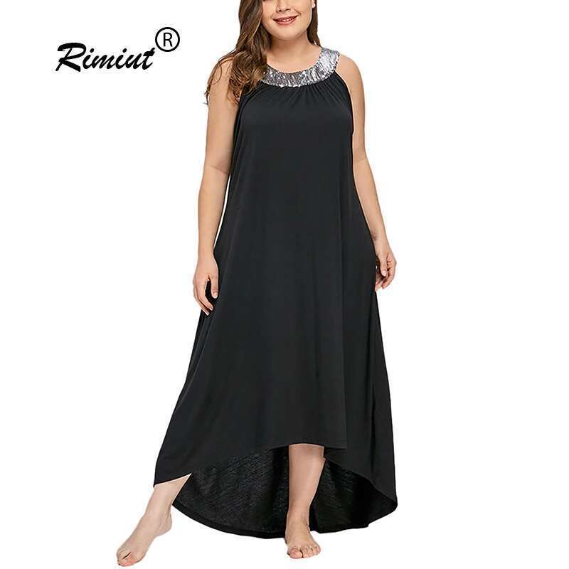Rimiut Plus Size Women Sleeveless Ankle Length Dresses halterneck sequins Fashion Casual Party Fat MM 5XL Over size Dress