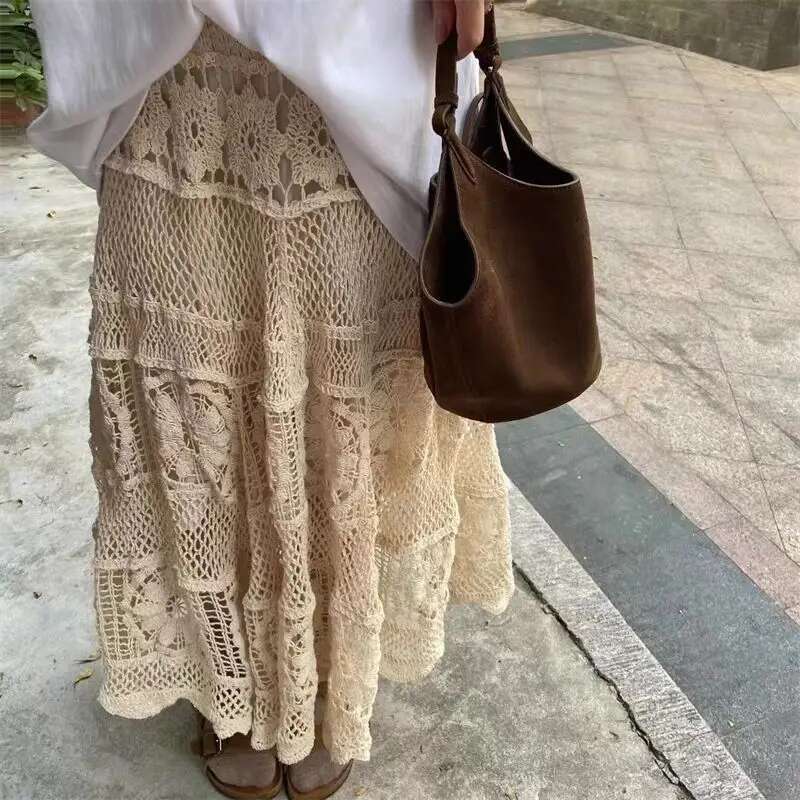 Xinyi Korean Version of Gentle Heavy Industry Retro French Crochet Hollow Design Elastic Knitted A-shaped Skirt