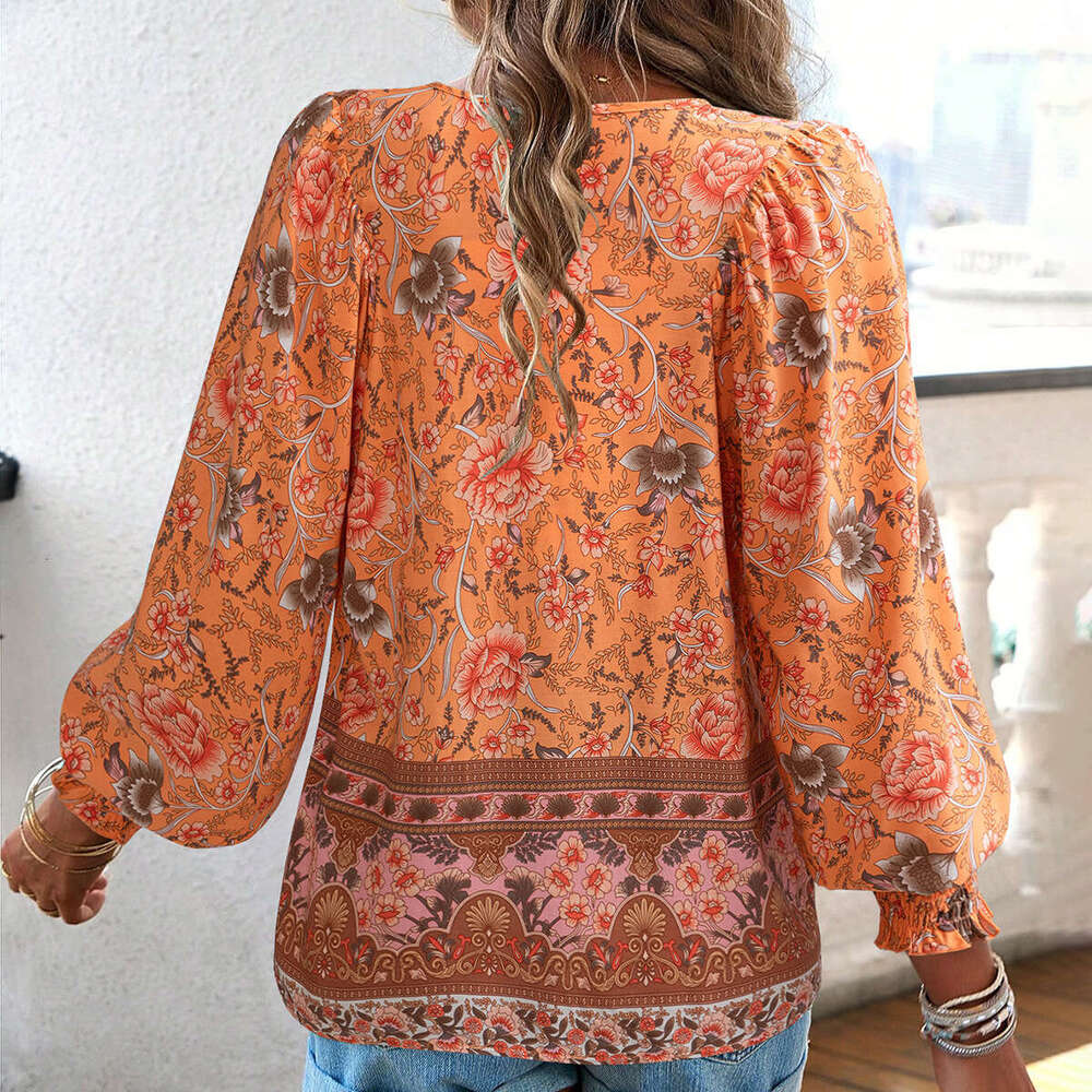 Kaikuo Europe and America European Station Printed Shirt for Women Autumn Style V-neck Long sleeved Top 2025 New Casual Fashion Trendy Clothing