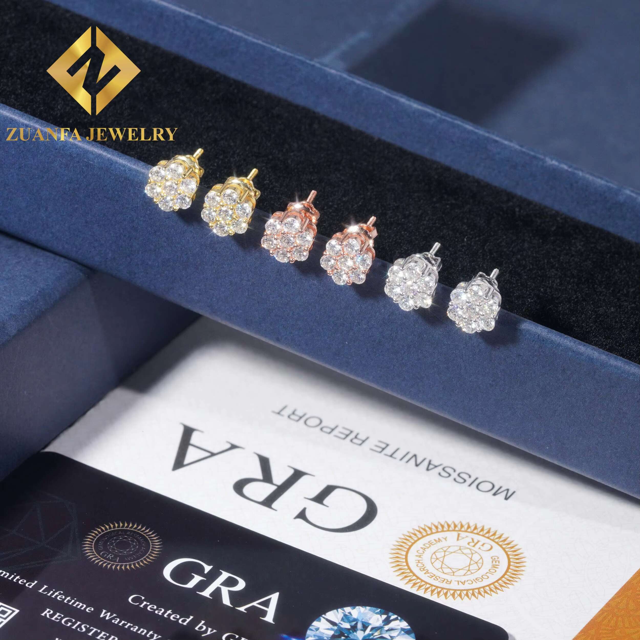 Pass Diamond Tester Sun Flower Design Stud Earring 925 Sterling Silver VVS Moissanite Stud Earring Hip Hop Jewelry for Men Women