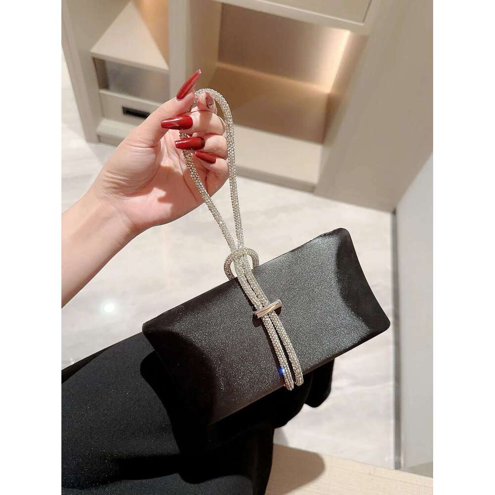 fashion Women Classic Satin Sparkly Banquet Tote Rhinestone Chain Decoration Dress Evening Party Bag Prom Handbag