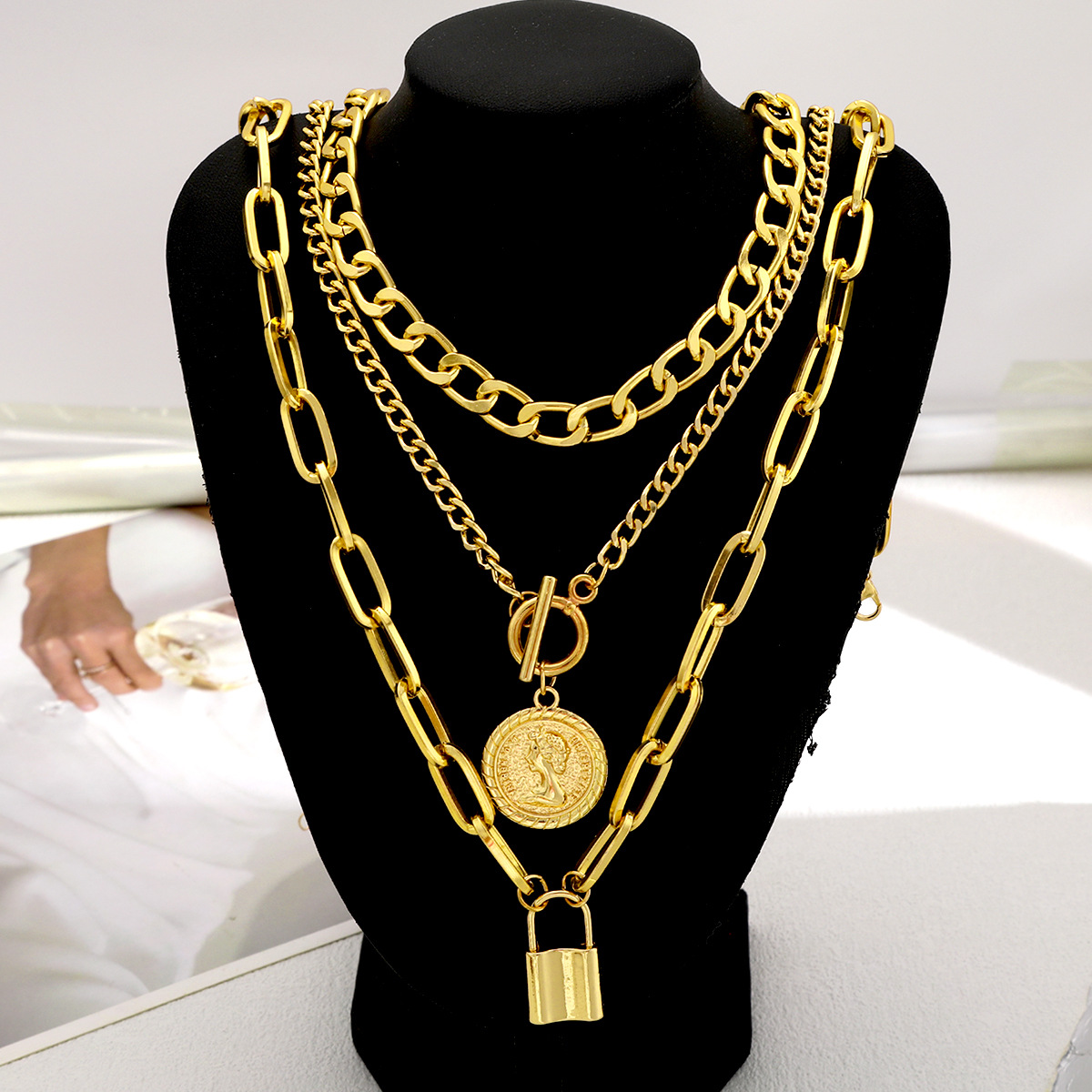 Trendy Multi-Layer Gold Necklace Set with Coin Pendant and Lock Charm, Fashionable Choker for Women