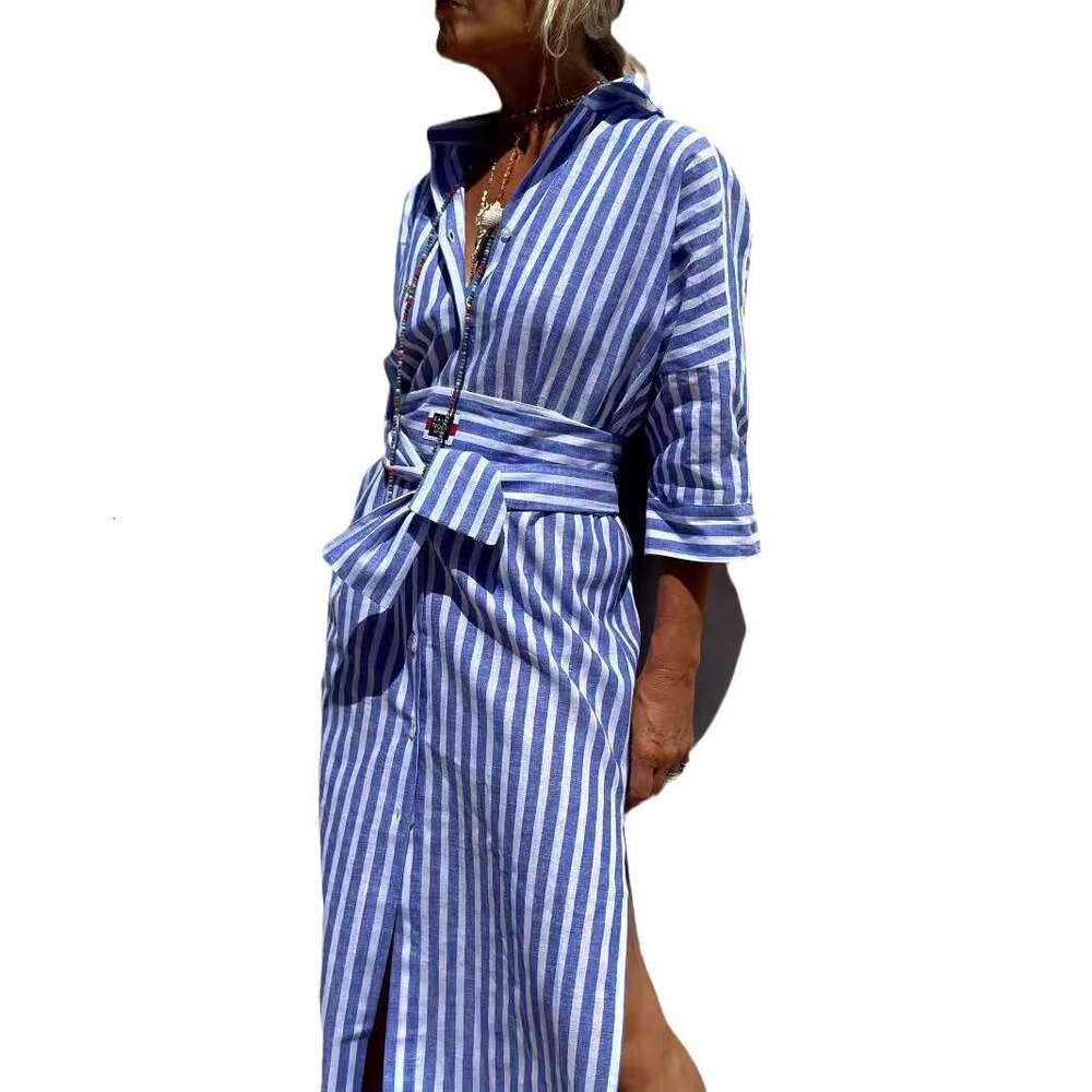 European American women's five quarter sleeve striped cardigan, lapel shirt dress 8061, 2025 new style, chic and elegant clothing