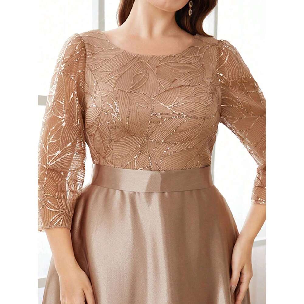 Mgiacy Crew neck sleeve sequin patchwork satin long gown ball Party Bridesmaid dress